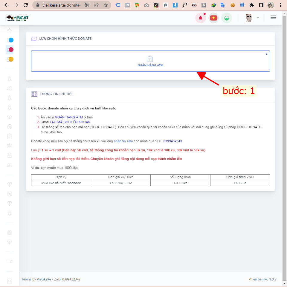 Hướng dẫn nạp xu VielikeRe - bước 1
